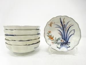 古伊万里　染付赤絵　鶴に花　なます皿　6客揃